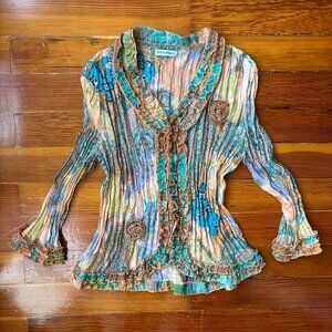 Y2K Pleated Beaded Paisley Rosette Blouse Violin LARGE